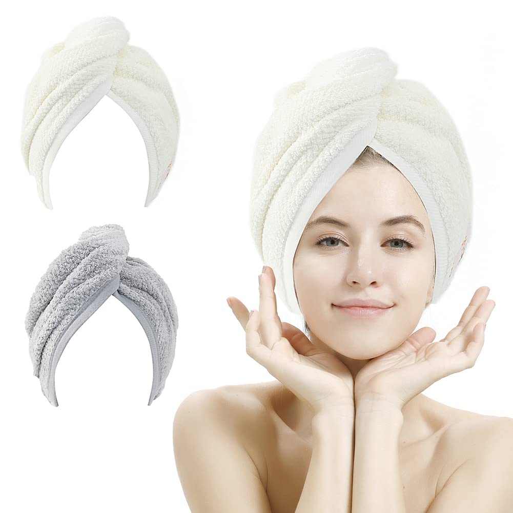 2 Pack Microfiber Hair Towel Wrap,Hair Drying Towel with Button, Towel Turban,Head Towel to Dry Hair Quickly (Pink&Beige)
